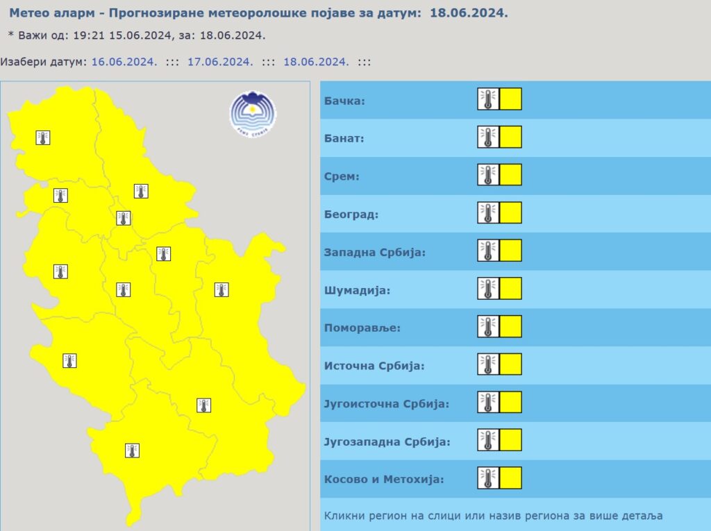 Meteo alarm, žuti meteo alaram, vrućina, vrelina, toplotni talas, visoke temperature, vremenska prognoza,