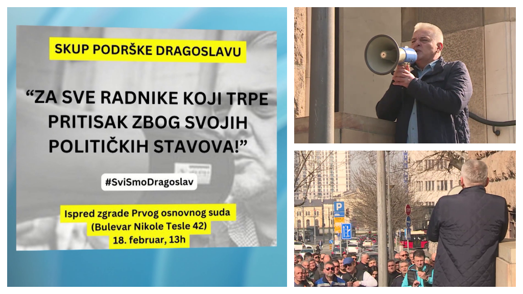 Skup podrške otpuštenom sindikalcu EPS-a Dragoslavu Ljubičiću ispred Prvog osnovnog suda u Beogradu